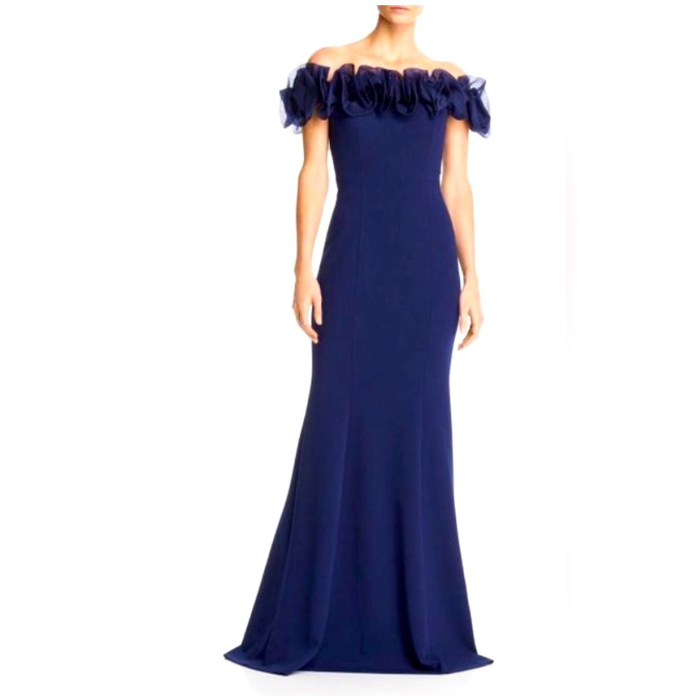 Aidan Mattox Off the Shoulder Ruffled Gown - Navy - Like New